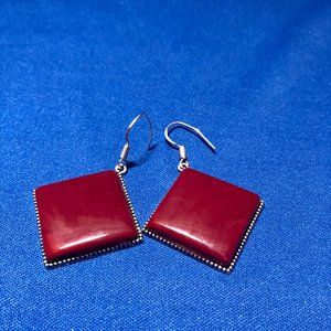 Handmade Red Coral 925 Silver Plated Earrings of 2.2"